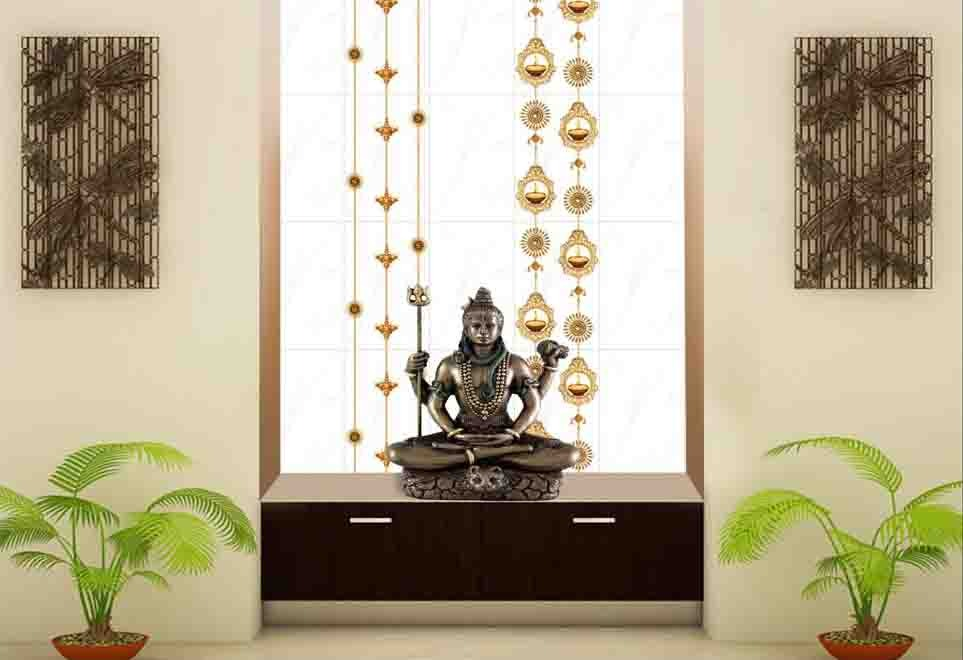 showcasing pooja room tiles with proper mandir area